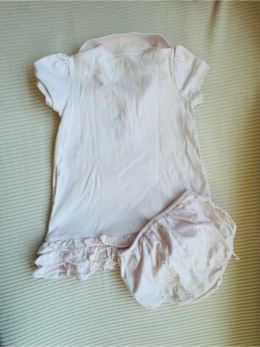 Ralph Lauren Pale Pink Polo Ruffle Baby Dress with ponies and bloomer 24 mo GUC